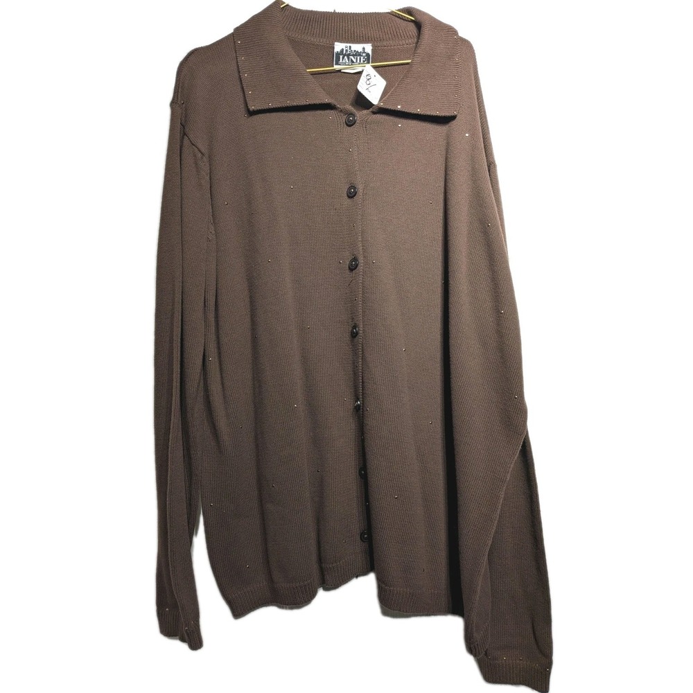 LANIE NY Cardigan Sweater Women 3X Brown Cotton Collared Studded Button Up NWT